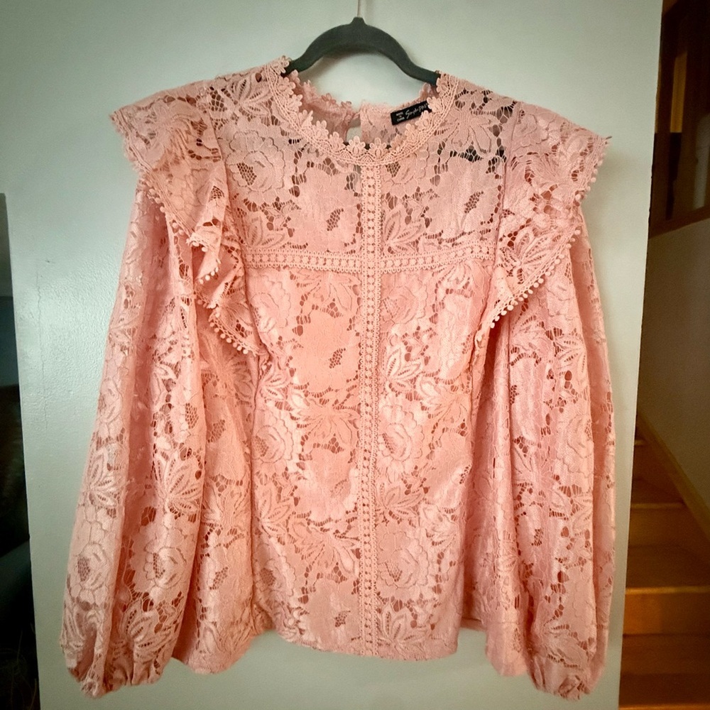Simplee Apparel Victorian Coquette Delicate Lace Blouse in Blush